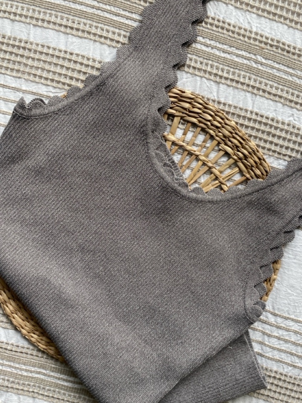Hem & Thread Taupe Scalloped Edge Knit Tank Top